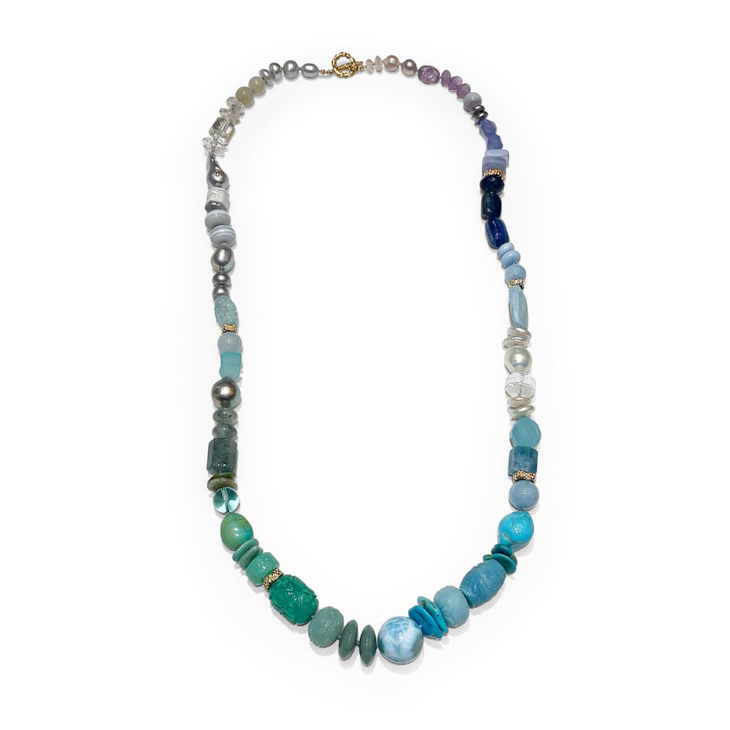 Aquamarine Multi-hued Pearl Agate Natural Quartz Lodolite and Herkimer Diamond Necklace in 18K Gold