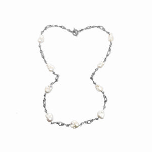Pearlicious Medium White Baroque Pearl Long Single Strand Necklace with Medium Oval Chain Link in Sterling Silver