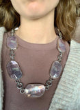 One of a Kind Faceted Natural Quartz and Lepidolite Mica Necklace in Sterling Silver with 18K Gold Diamond Pave Adam