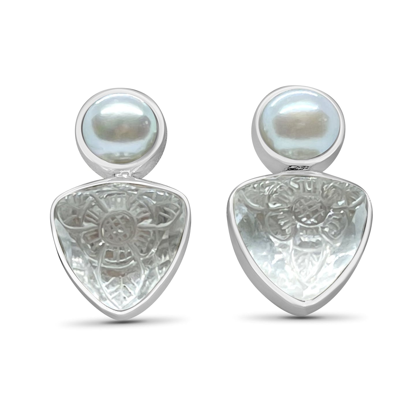 Carving, carved Stones, Carved Jewelry, Engraved Flower, Stephen Dweck Stones, Stephen Dweck Jewelry, Hematite, Tiger Eye, Cabochon, Hook Earrings, Engraved Sterling Silver Earrings