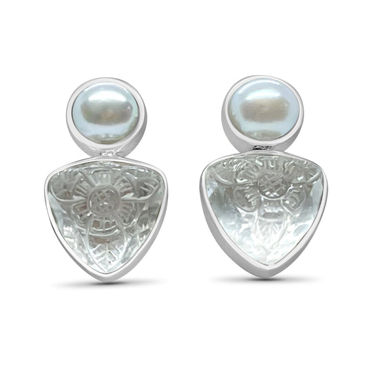 Carving, carved Stones, Carved Jewelry, Engraved Flower, Stephen Dweck Stones, Stephen Dweck Jewelry, Hematite, Tiger Eye, Cabochon, Hook Earrings, Engraved Sterling Silver Earrings