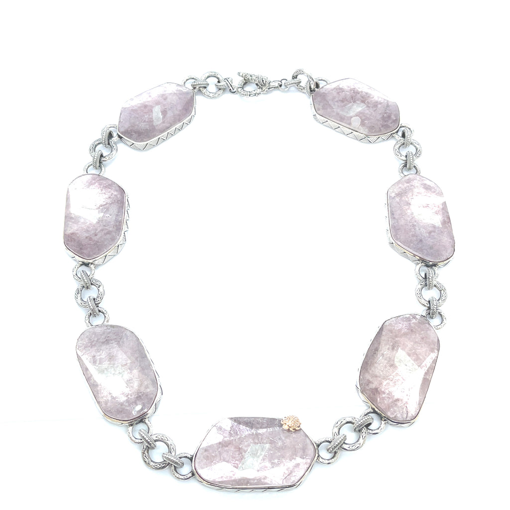 One of a Kind Faceted Natural Quartz and Lepidolite Mica Necklace in Sterling Silver with 18K Gold Diamond Pave Adam