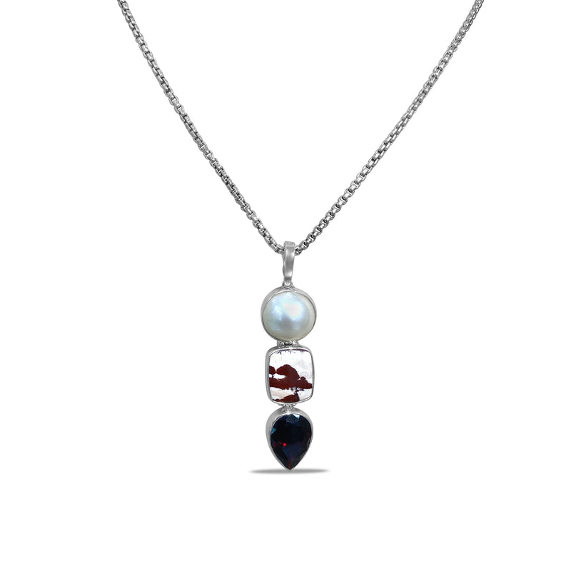 One of a Kind Pearl Jasper and Garnet Necklace in Sterling Silver