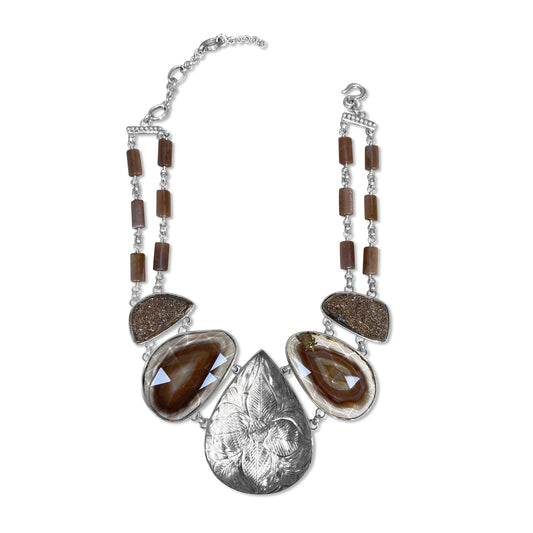 One of a Kind Natural Quartz Agate Druzy Suntone Necklace in Sterling Silver