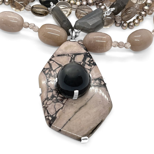 One of a Kind Moonstone Jasper Red Hair Rutilated Quartz Sunstone and Pearl Necklace set in Sterling Silver