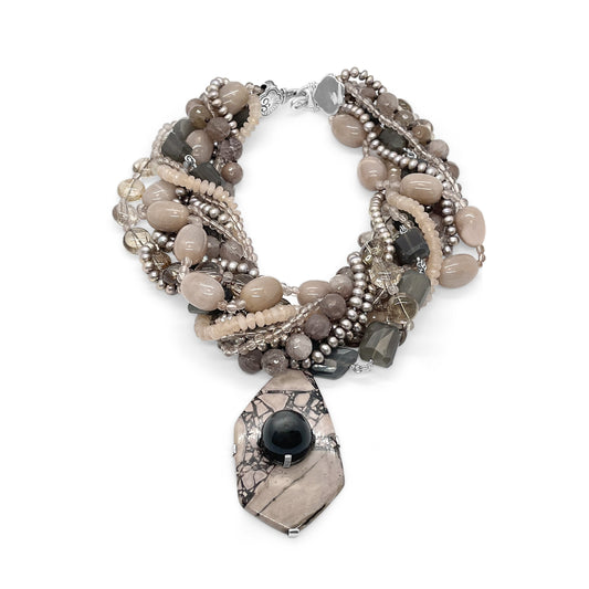 One of a Kind Moonstone Jasper Red Hair Rutilated Quartz Sunstone and Pearl Necklace set in Sterling Silver