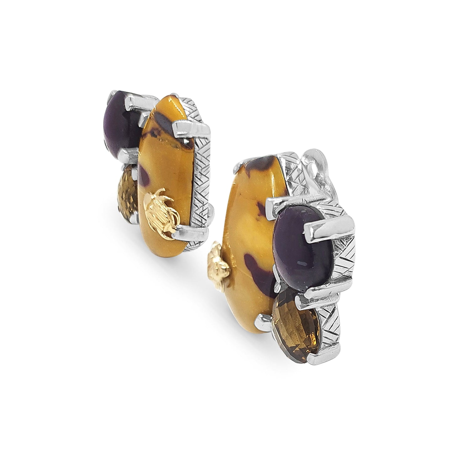 One of a Kind Jasper Star Ruby Cognac Quartz Earrings in Sterling Silver with 18K Gold Adam