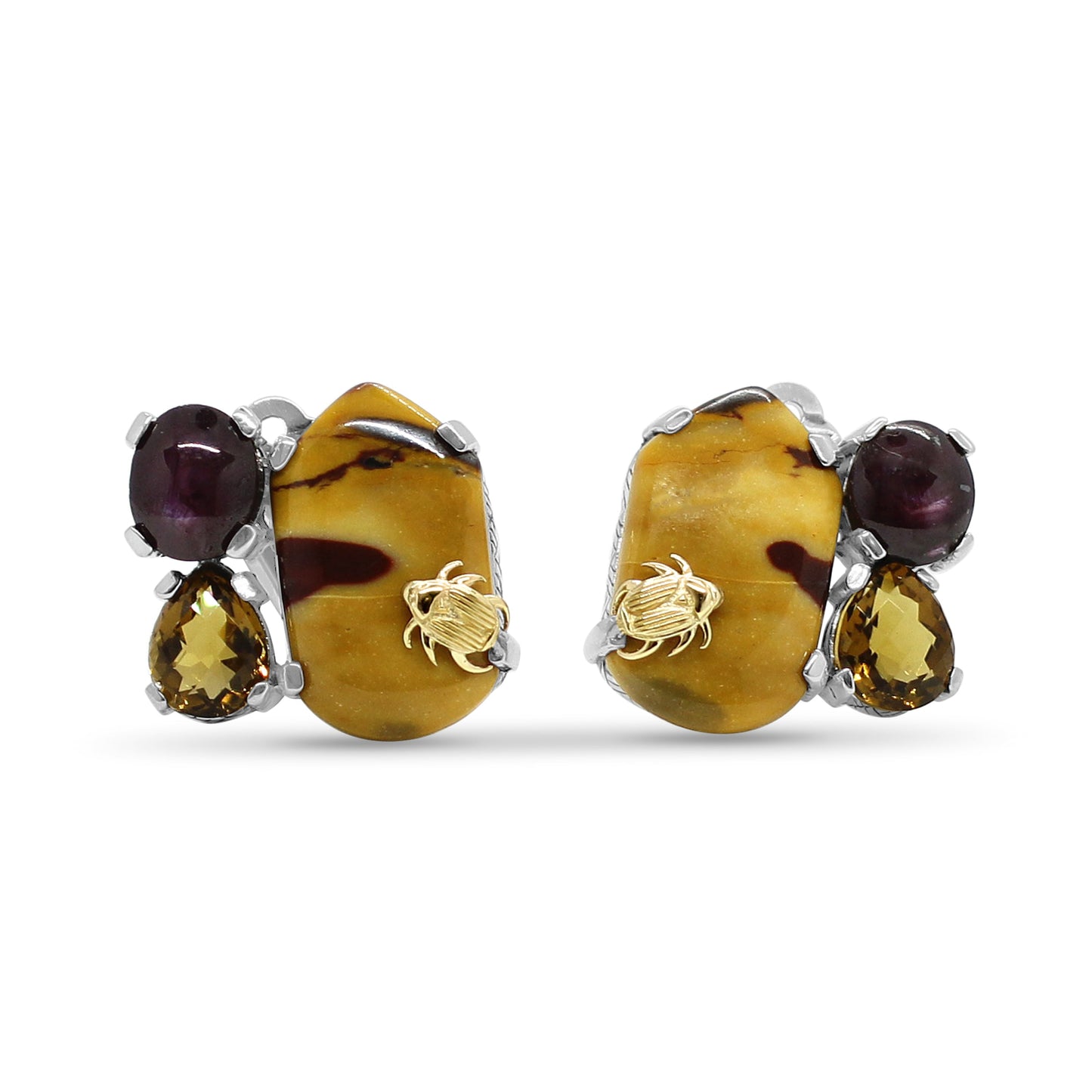 One of a Kind Jasper Star Ruby Cognac Quartz Earrings in Sterling Silver with 18K Gold Adam