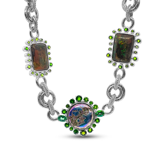 One of a Kind Ammolite Opal Druzy Chrome Diopside and Green Tourmaline Necklace in Sterling Silver