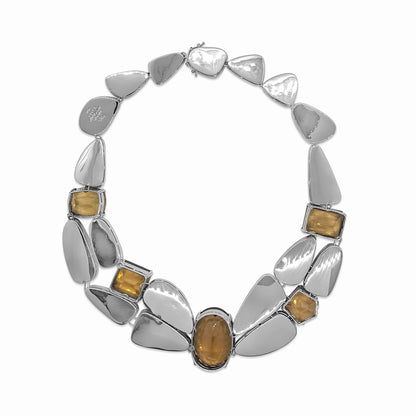 One of a Kind Tibetan Turquoise and Cognac Quartz Necklace in Sterling Silver with Adam