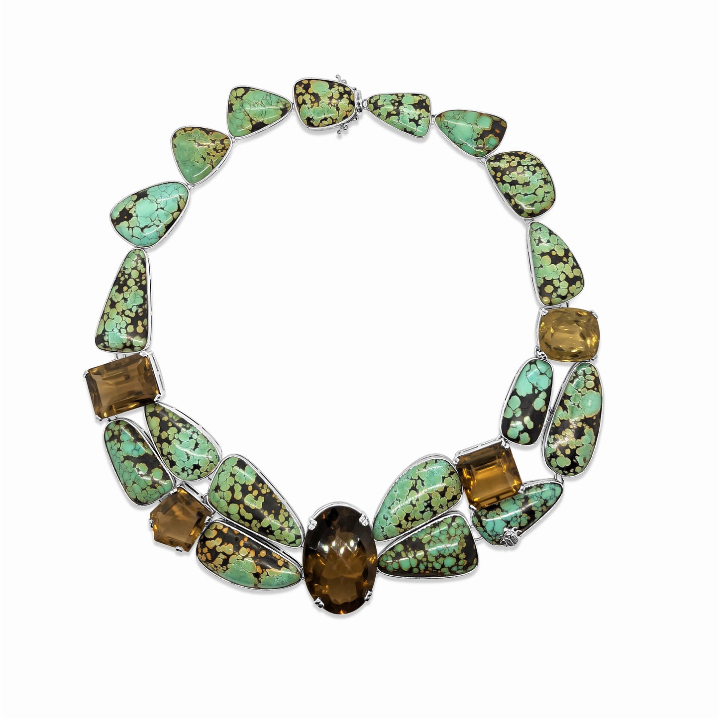 One of a Kind Tibetan Turquoise and Cognac Quartz Necklace in Sterling Silver with Adam