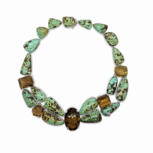 One of a Kind Tibetan Turquoise and Cognac Quartz Necklace in Sterling Silver with Adam