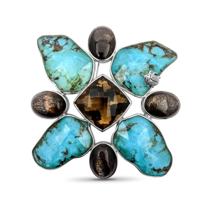One of a Kind American Turquoise Natural Quartz Sunstone Smoky Quartz Maltes Pin in Sterling Silver with Adam