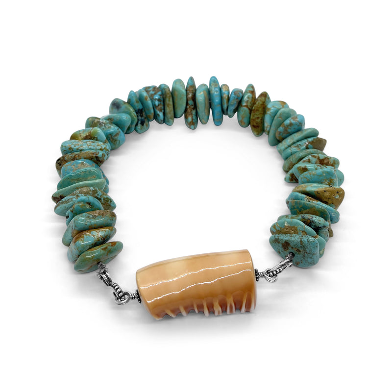 One of a Kind Natural American Turquoise Carniola Shell Hook Necklace in Sterling Silver