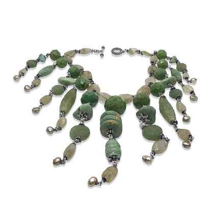 One of a Kind 11 Strand Necklace with Gold Rutilated Quartz, American Turquoise, Jade and Silver Pearls in Sterling Silver