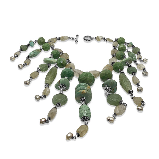 One of a Kind 11 Strand Necklace with Gold Rutilated Quartz, American Turquoise, Jade and Silver Pearls in Sterling Silver
