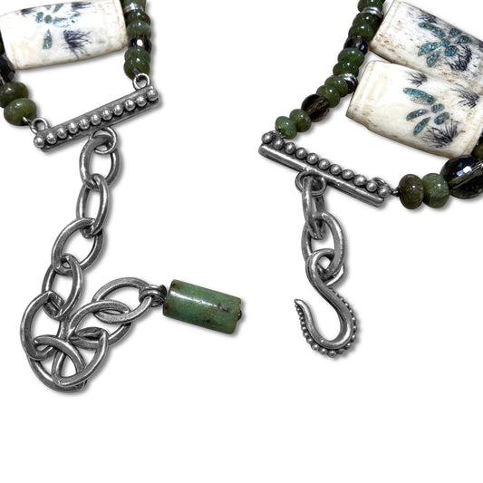 One of a Kind Smoky Quartz, Chrysoprase Beads and Bone with Abalone Scrimshaw Inlay Necklace in Sterling Silver