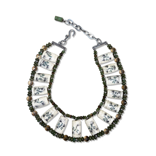 One of a Kind Smoky Quartz, Chrysoprase Beads and Bone with Abalone Scrimshaw Inlay Necklace in Sterling Silver
