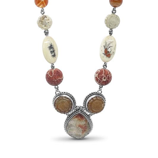 One of a Kind Carved Natural Quartz Over Red Abalone, Carved Jade, Scrinshaw Inlay Coral, Carved Bone, Carnelian and Pearl Necklace in Sterling Silver