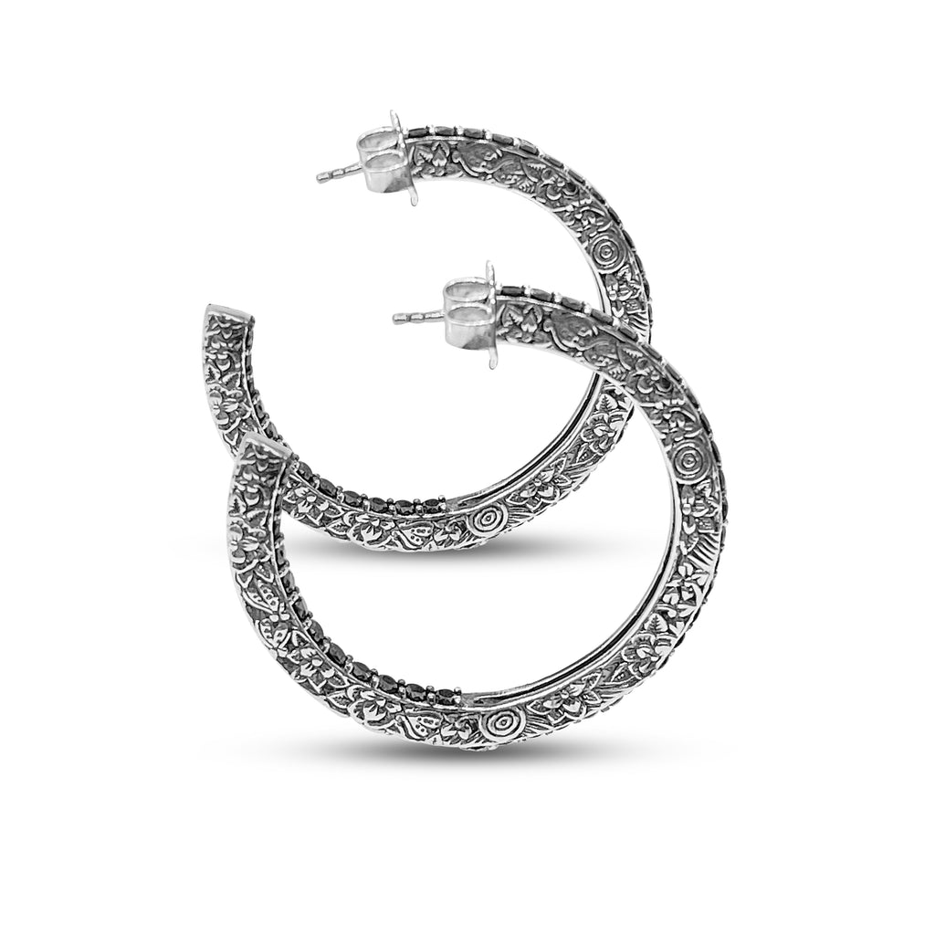 Kyoto Black Diamond 3.60ct Hoop Earrings in Engraved Sterling Silver