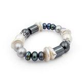 TerrAquatic Pearl and Hematite Stretch Bracelet in Sterling Silver