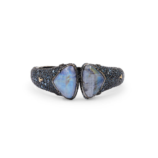 Garden of Stephen Rainbow Moonstone and London Blue Topaz Open and Close Bangle in Sterling Silver With 18K Gold Flowers