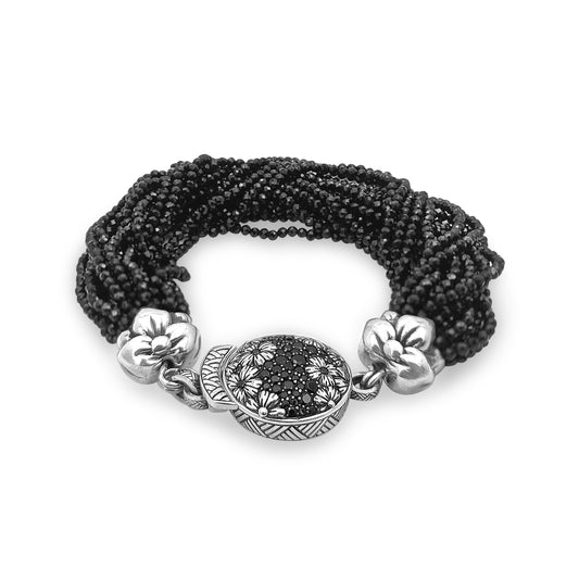 Garden of Stephen Black Spinel Multi-Strand Bracelet with Sterling Silver and Black Spinel Flower Clasp