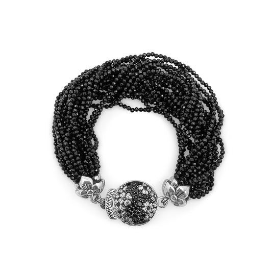 Garden of Stephen Black Spinel Multi-Strand Bracelet with Sterling Silver and Black Spinel Flower Clasp