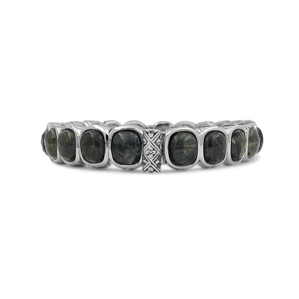 Garden of Stephen Faceted and Cabochon Gold Rutilated Quartz and Hematite Bangle in Sterling Silver