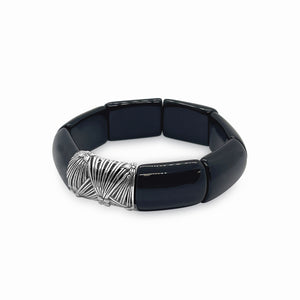Garden of Stephen Black Agate Stretch Bracelet with Sterling Silver Sunray Engraved Grill