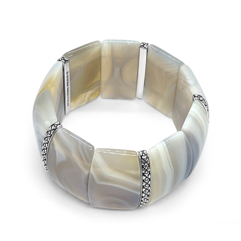 Garden of Stephen Grey Stripe Agate Slip-On Bracelet with Flower Engraved Sterling Silver Spacers