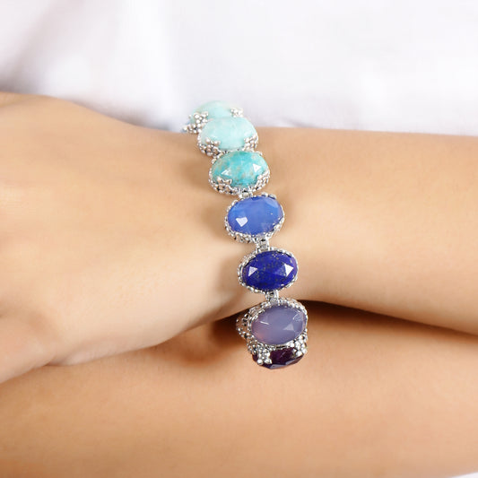 Garden of Stephen Amethyst Lapis Chrysocolla Turquoise Amazonite Malachite Agate Vessonite Moonstone Tiger Eye Cognac Quartz Sunstone Carnelian Rhodochrosite and Guava Quartz Bracelet in Sterling Silver