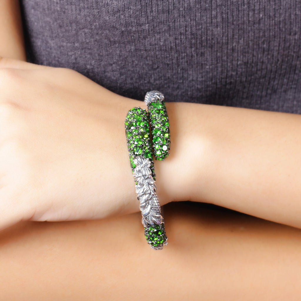 Garden of Stephen Faceted Chrome Diopside Open and Close Bangle in Sterling Silver
