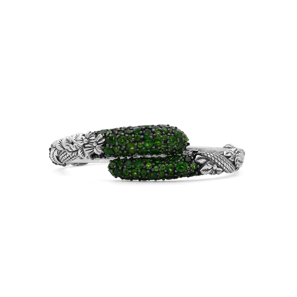 Garden of Stephen Faceted Chrome Diopside Open and Close Bangle in Sterling Silver