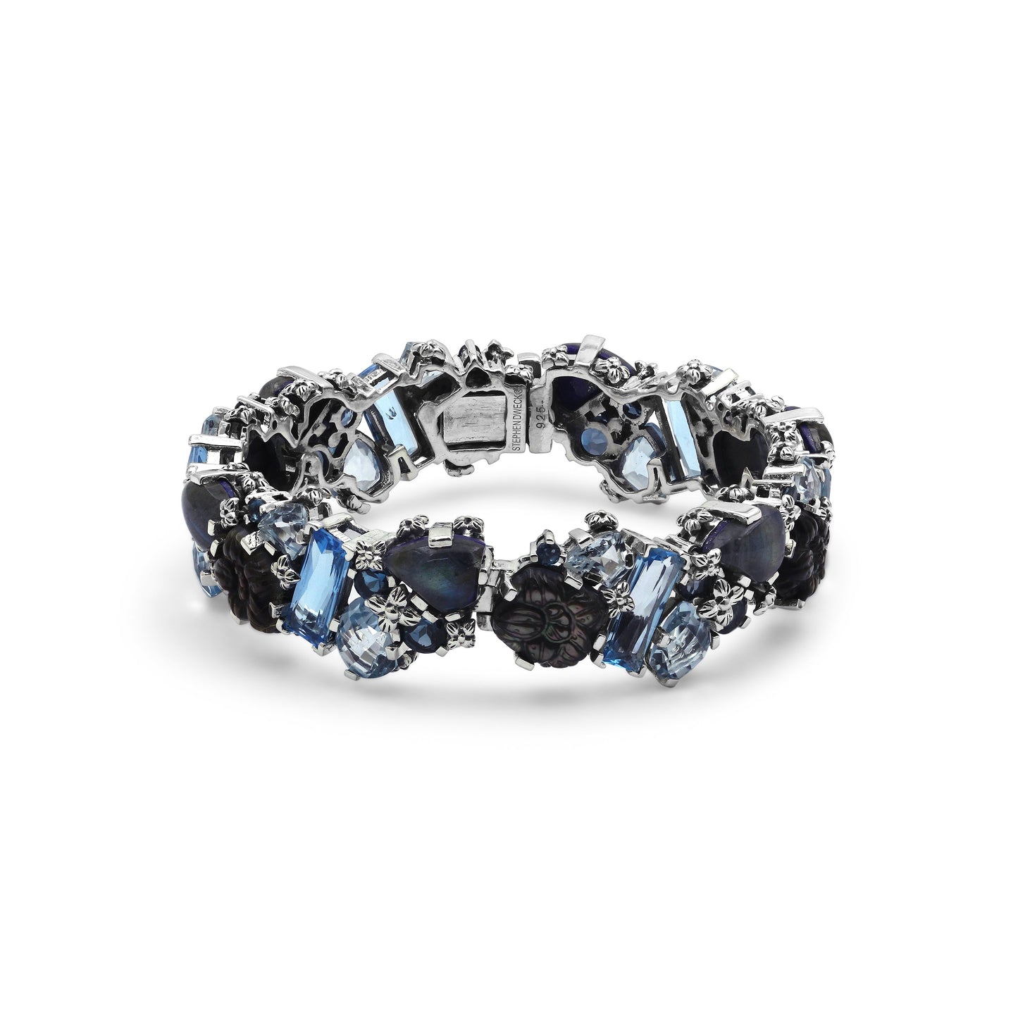 Garden of Stephen Carved Tahitian Mother of Pearl London Blue Topaz Swiss Blue Topaz and Labradorite Open and Close Bangle in Sterling Silver