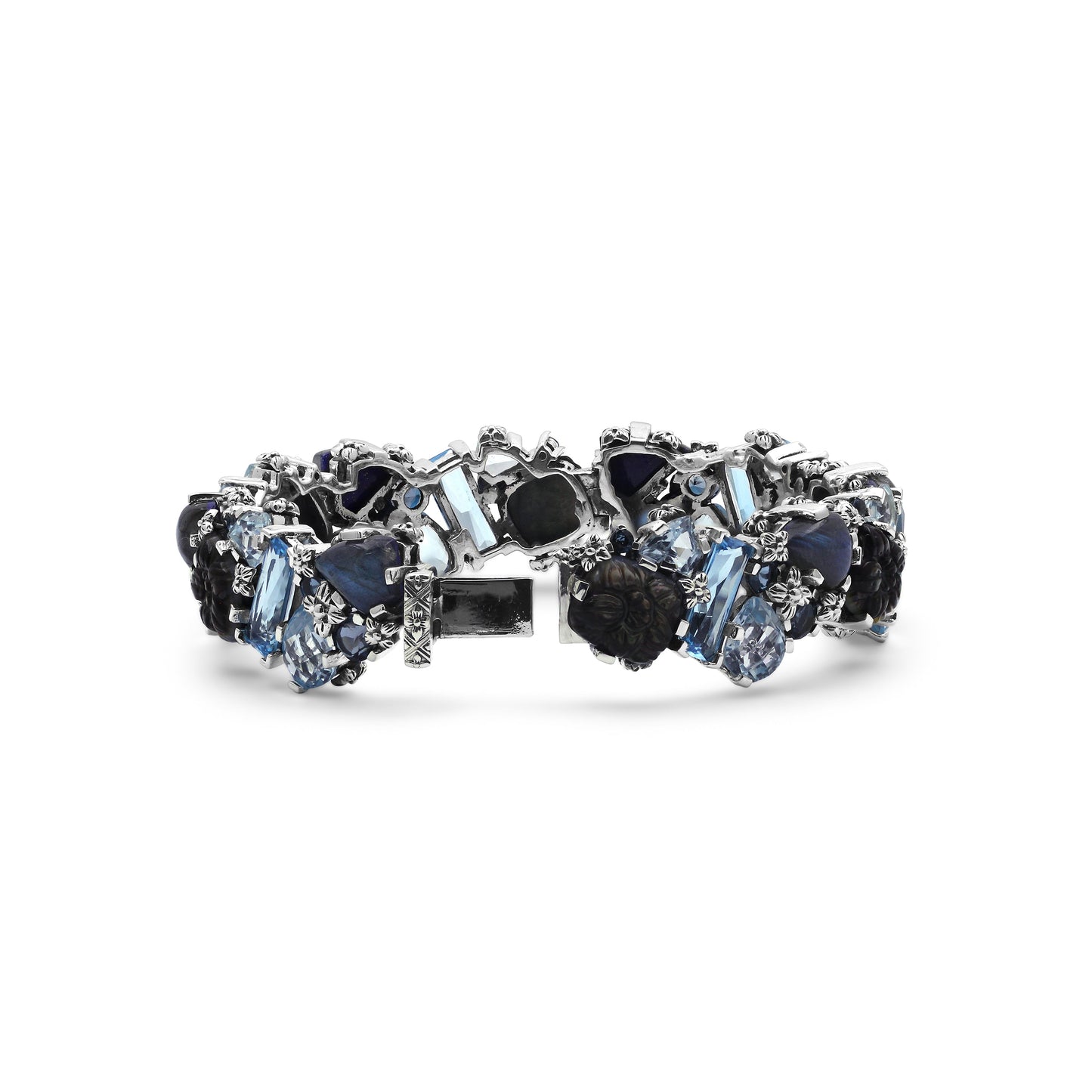 Garden of Stephen Carved Tahitian Mother of Pearl London Blue Topaz Swiss Blue Topaz and Labradorite Open and Close Bangle in Sterling Silver
