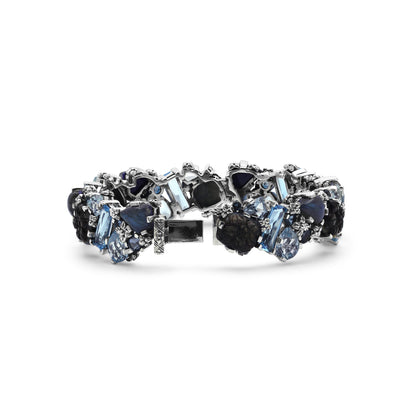 Garden of Stephen Carved Tahitian Mother of Pearl London Blue Topaz Swiss Blue Topaz and Labradorite Open and Close Bangle in Sterling Silver