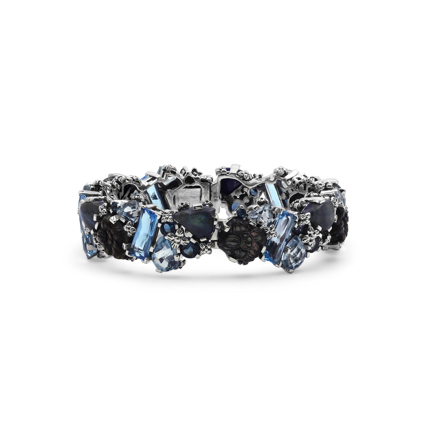Garden of Stephen Carved Tahitian Mother of Pearl London Blue Topaz Swiss Blue Topaz and Labradorite Open and Close Bangle in Sterling Silver