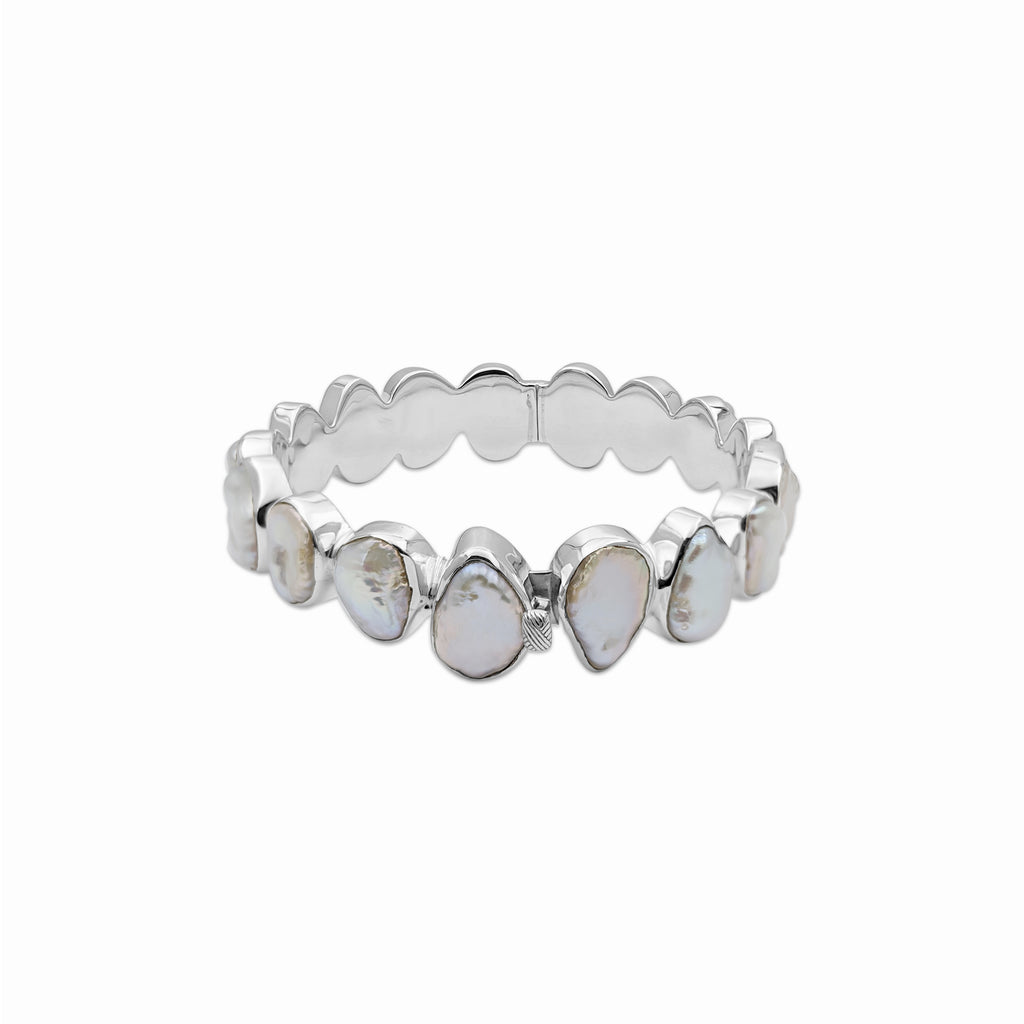 Pearlicious White Keshi Pearl Medium Open and Close Bangle in Sterling Silver