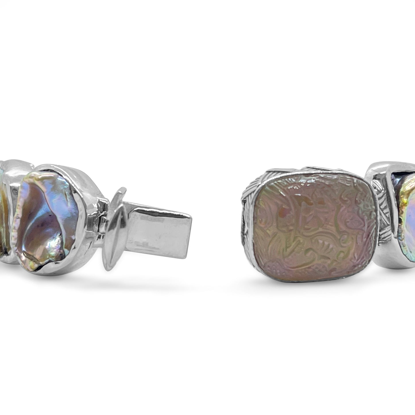 Pearlicious 18X21MM Cushion Dragon Carved Smoky Quartz Large Mop Keshi Pearl Bracelet in Sterling Silver