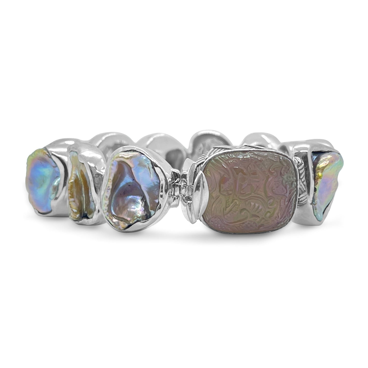 Pearlicious 18X21MM Cushion Dragon Carved Smoky Quartz Large Mop Keshi Pearl Bracelet in Sterling Silver