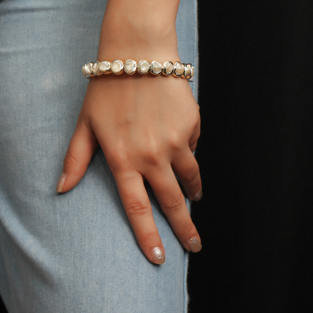 Pearlicious Keshi Pearl Open and Close Bangle in Sterling Silver