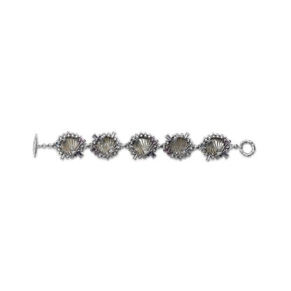Carventurous Hand Carved Mother of Pearl Lavender Moon Quartz Amethyst Iolite Blue and White Topaz Bracelet in Sterling Silver