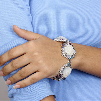 Carventurous Hand Carved Mother of Pearl Lavender Moon Quartz Amethyst Iolite Blue and White Topaz Bracelet in Sterling Silver