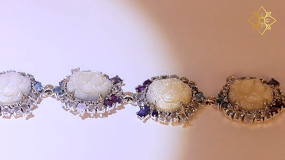 Carventurous Hand Carved Mother of Pearl Lavender Moon Quartz Amethyst Iolite Blue and White Topaz Bracelet in Sterling Silver