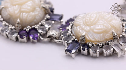 Carventurous Hand Carved Mother of Pearl Lavender Moon Quartz Amethyst Iolite Blue and White Topaz Bracelet in Sterling Silver