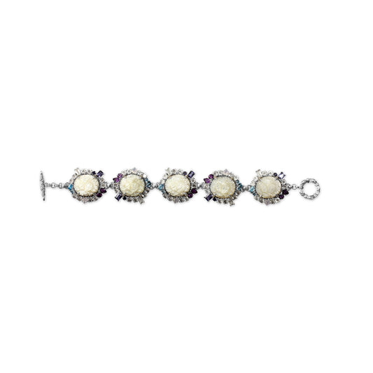 Carventurous Hand Carved Mother of Pearl Lavender Moon Quartz Amethyst Iolite Blue and White Topaz Bracelet in Sterling Silver