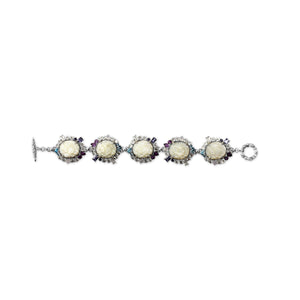 Carventurous Hand Carved Mother of Pearl Lavender Moon Quartz Amethyst Iolite Blue and White Topaz Bracelet in Sterling Silver