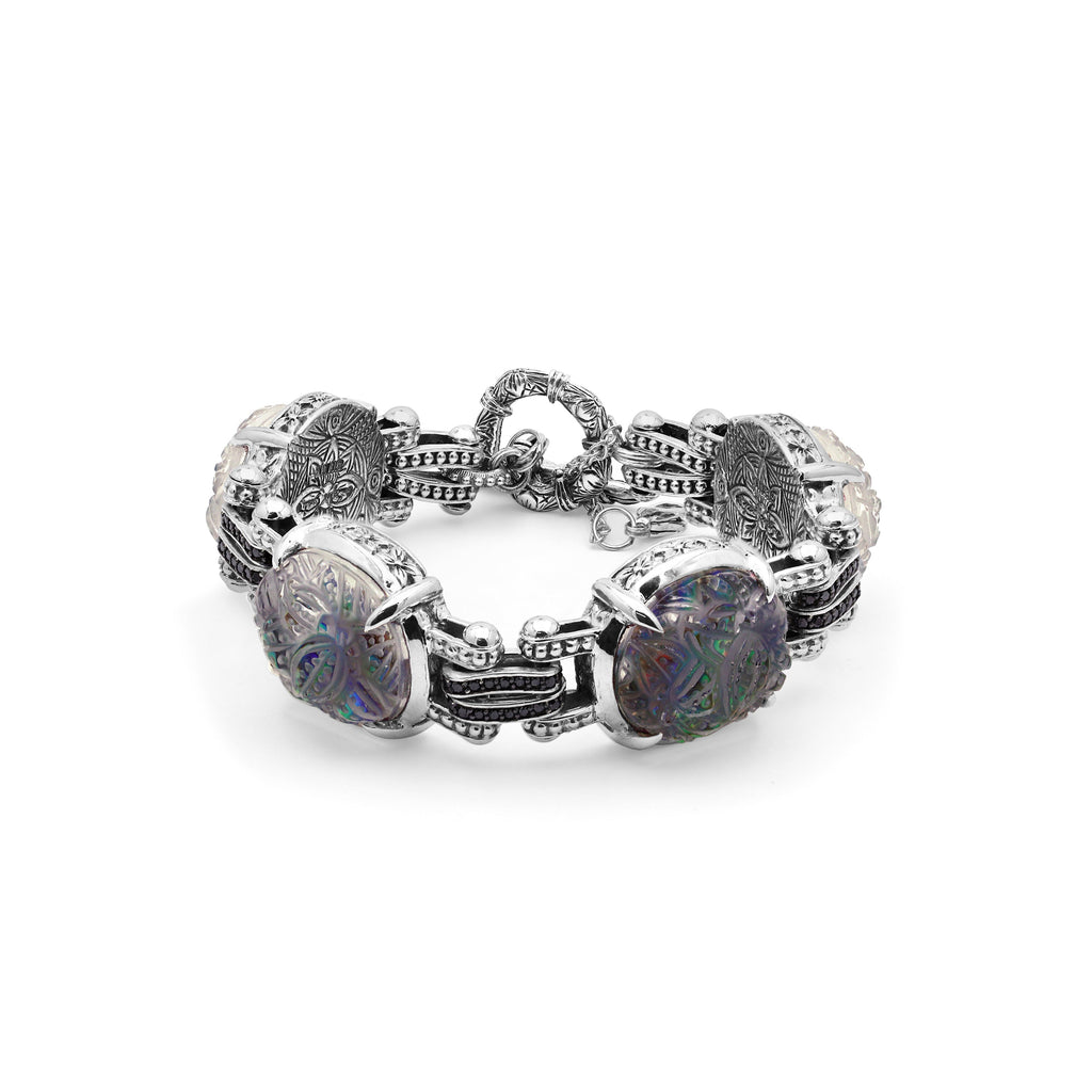 Carventurous Hand Carved Natural Quartz Abalone and Black Diamond Bracelet in Sterling Silver