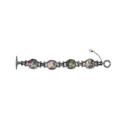 Carventurous Hand Carved Natural Quartz Abalone and Black Diamond Bracelet in Sterling Silver
